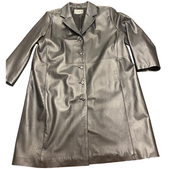 Clio II Black Leather Long Jacket Mid-Length Coat 90s Style Medium - Picture 1 of 7